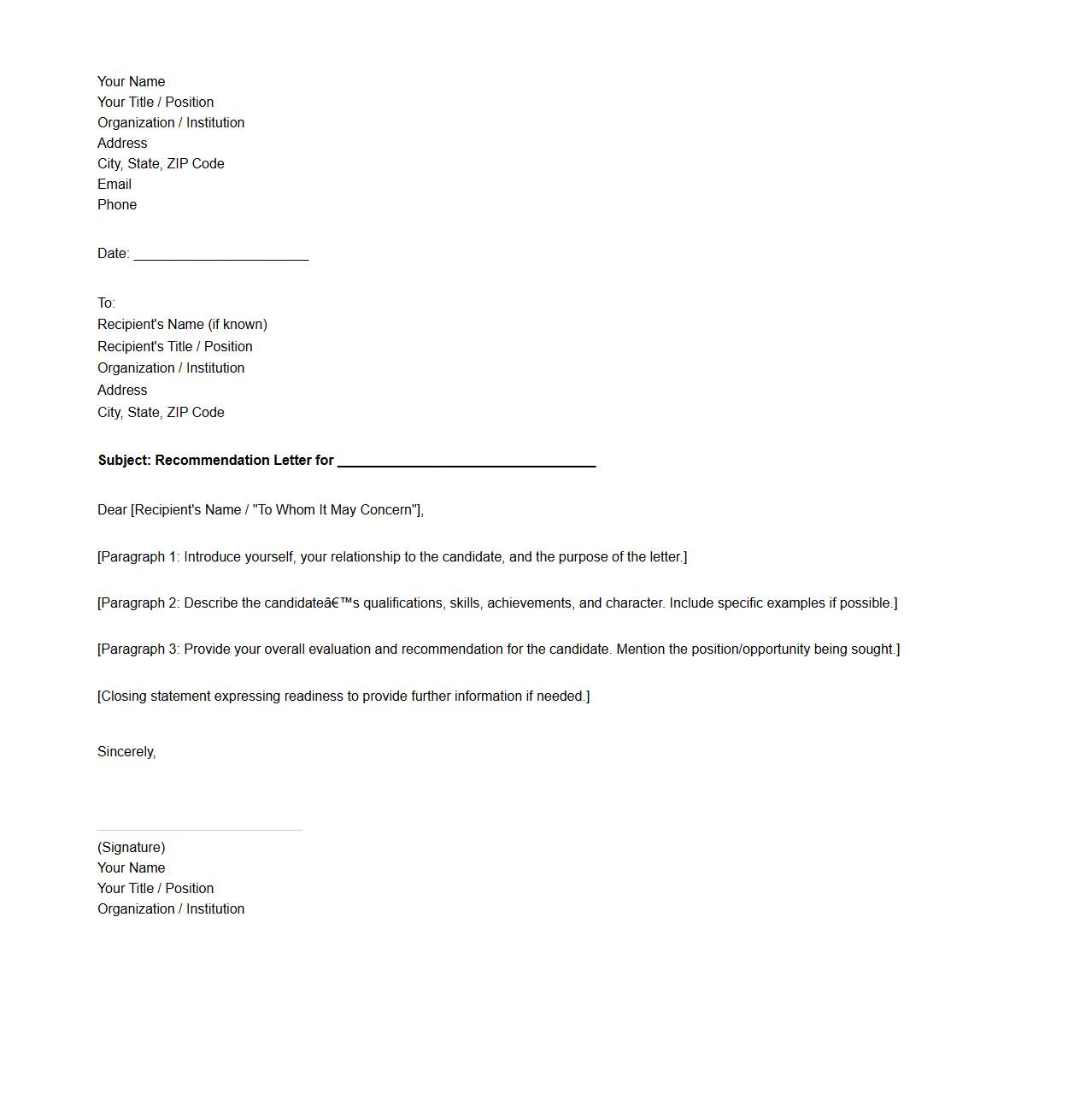 Blank Recommendation Letter Template for Academic or Professional Purposes