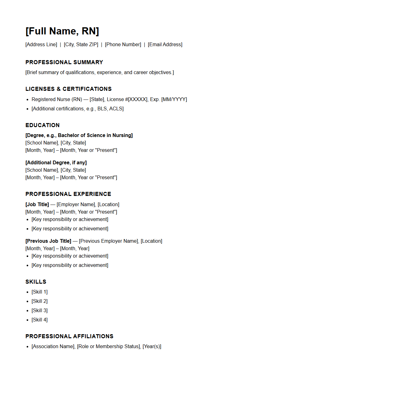 Blank Registered Nurse Resume Template