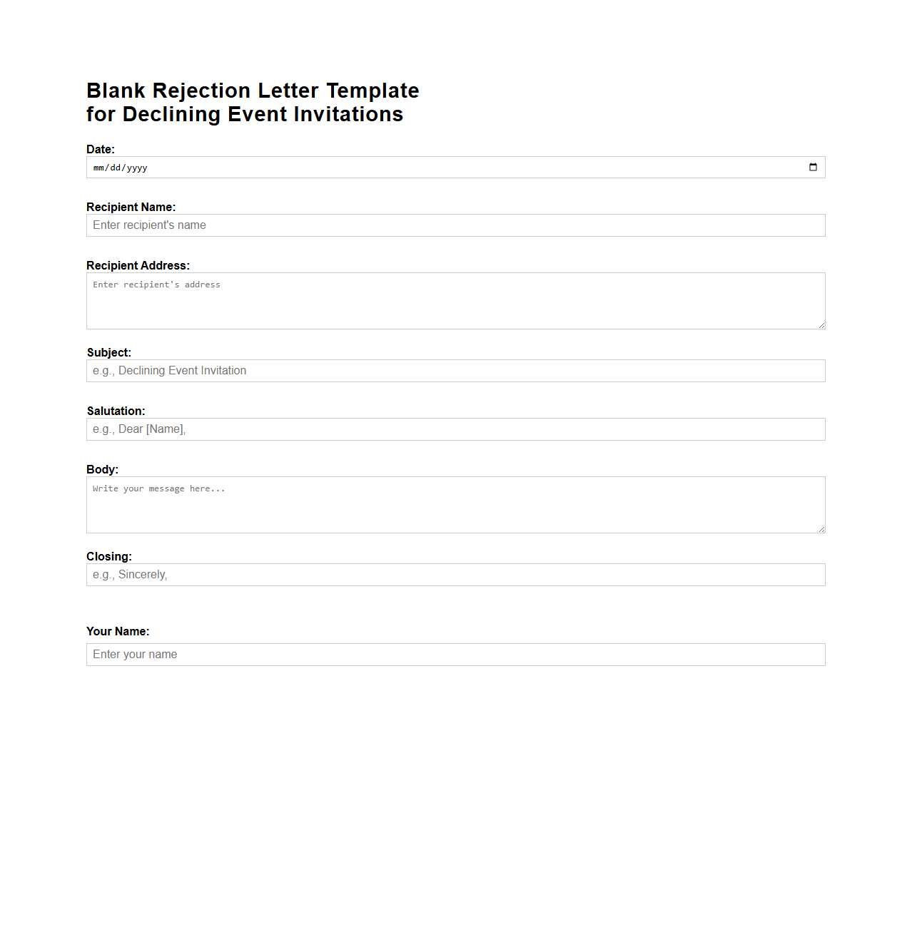 Blank Rejection Letter Template for Declining Event Invitations