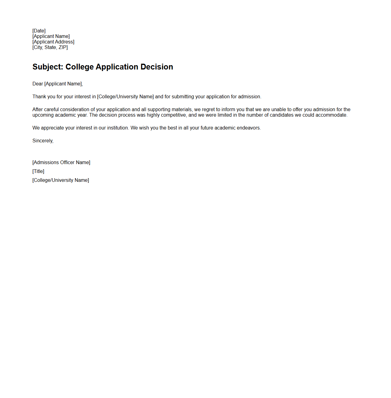 Blank Rejection Letter Template for Refusing College Applications