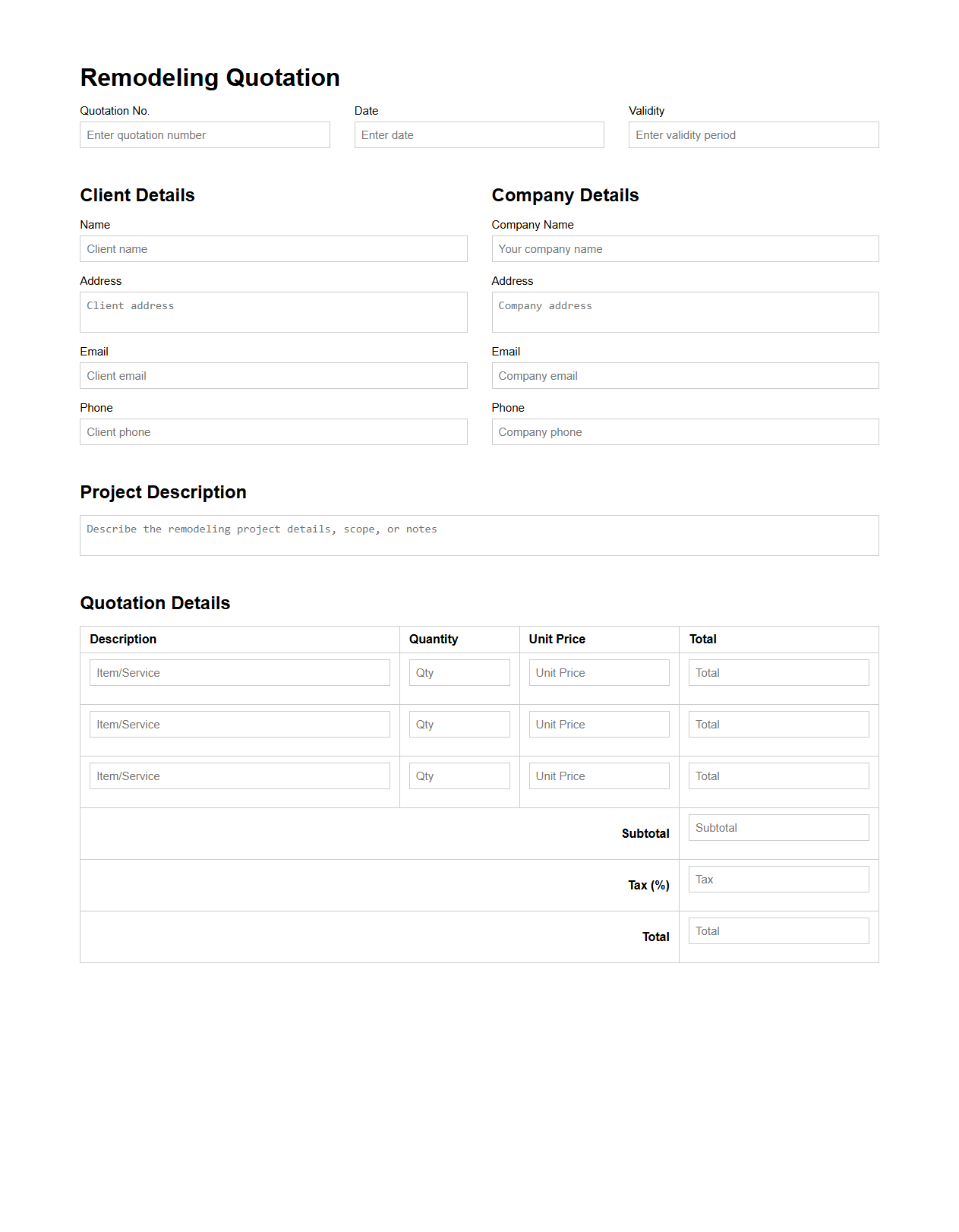 Blank Remodeling Quotation Template