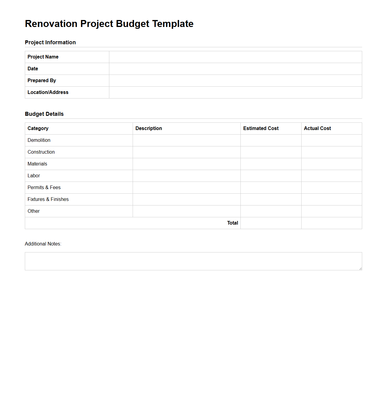 Blank Renovation Project Budget Template