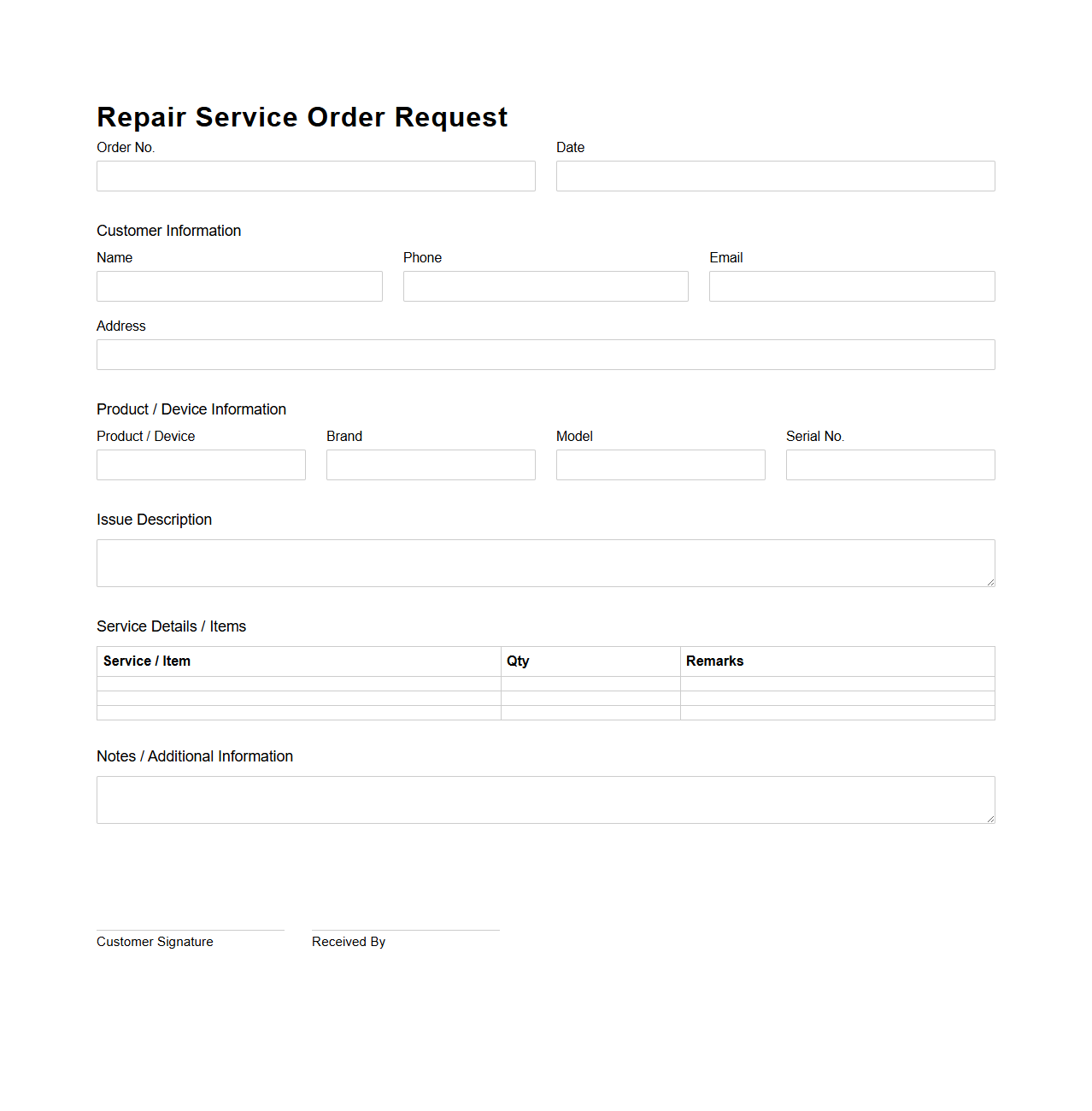 Blank Repair Service Order Request Format