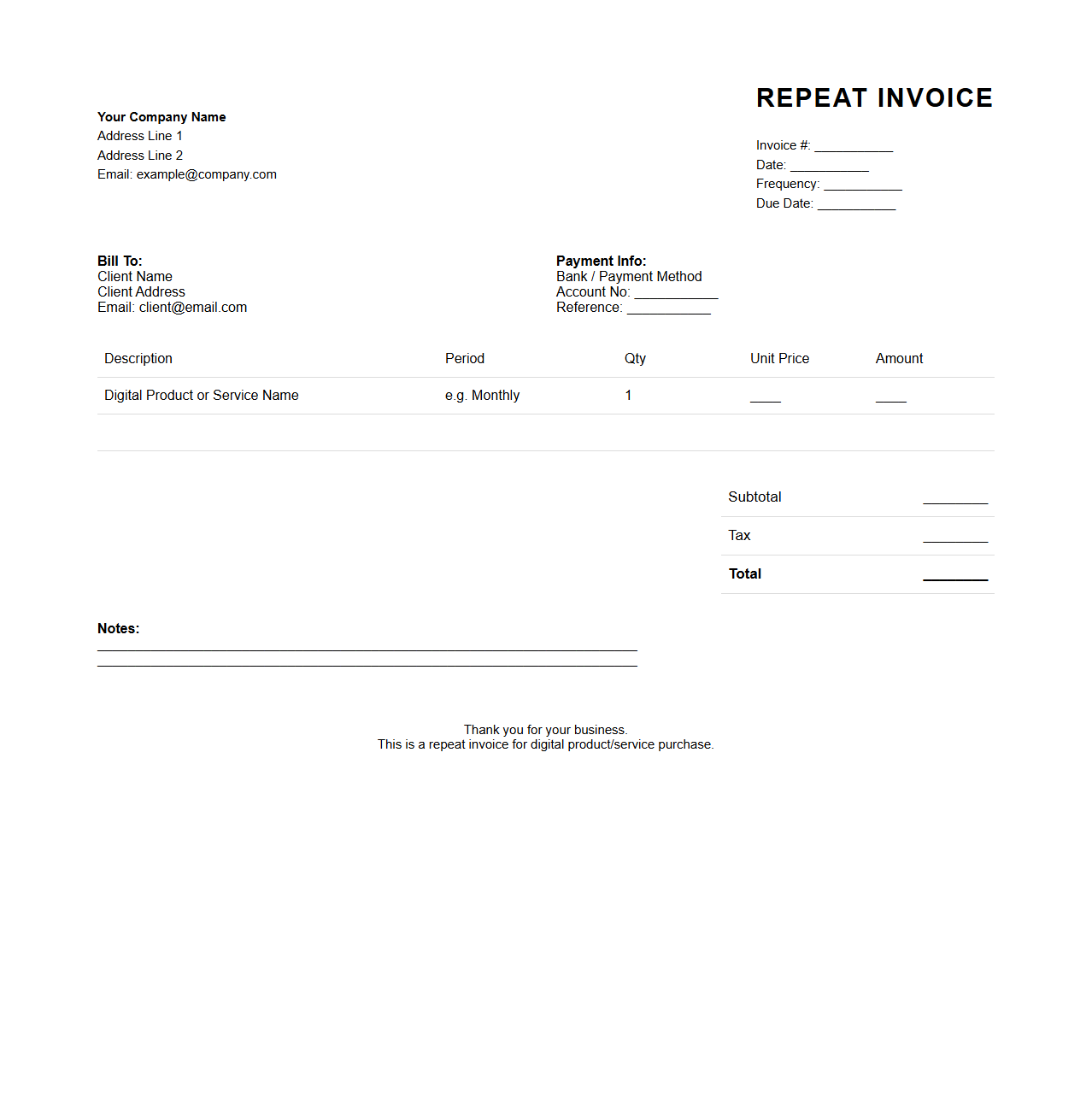 Blank Repeat Invoice Template for Digital Products