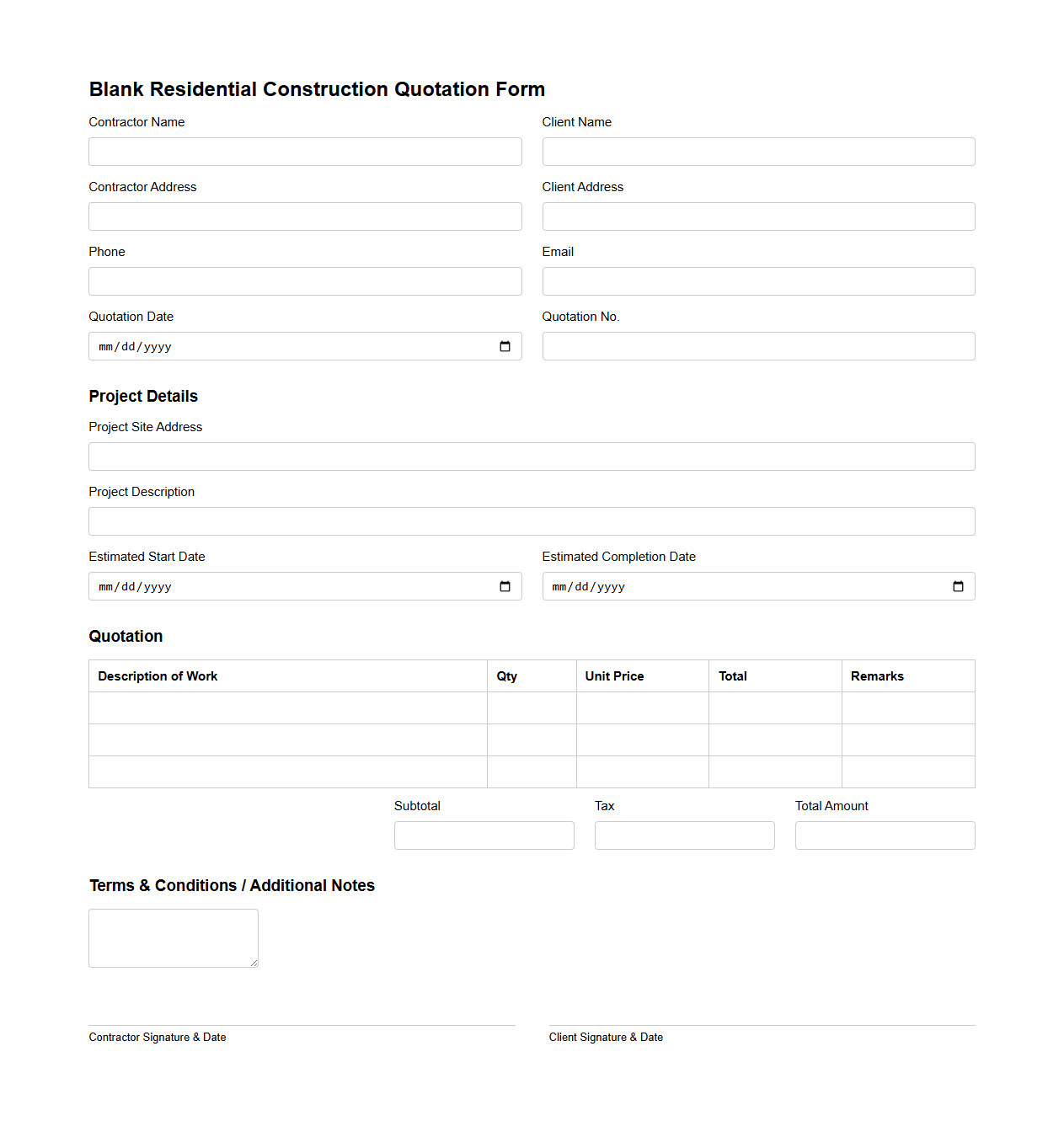Blank Residential Construction Quotation Form