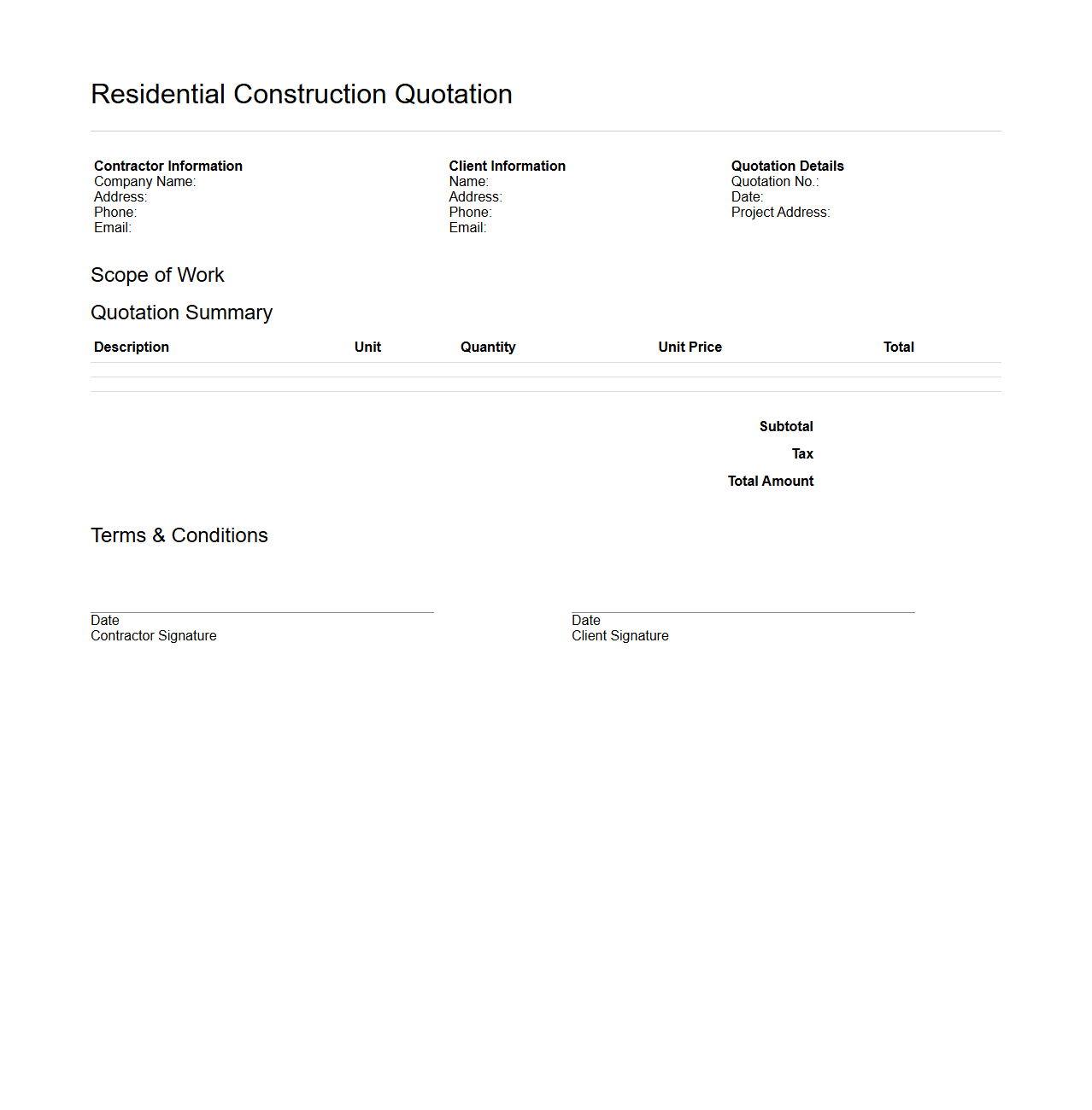 Blank Residential Construction Quotation Template