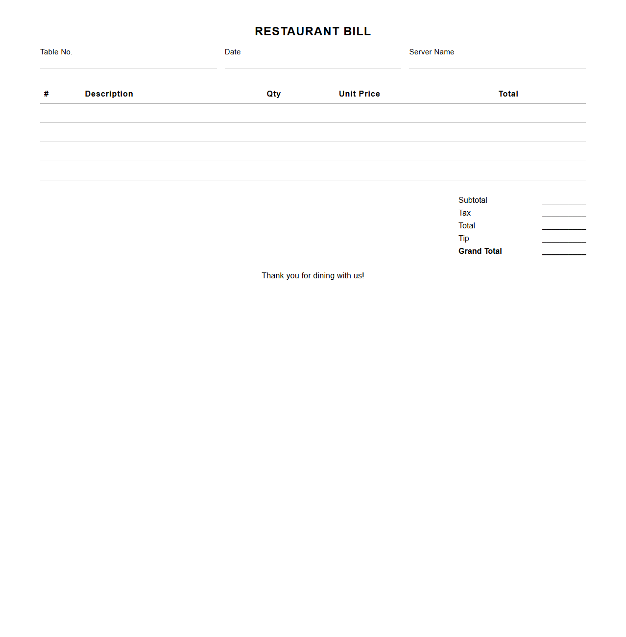 Blank Restaurant Bill Template for Table Service