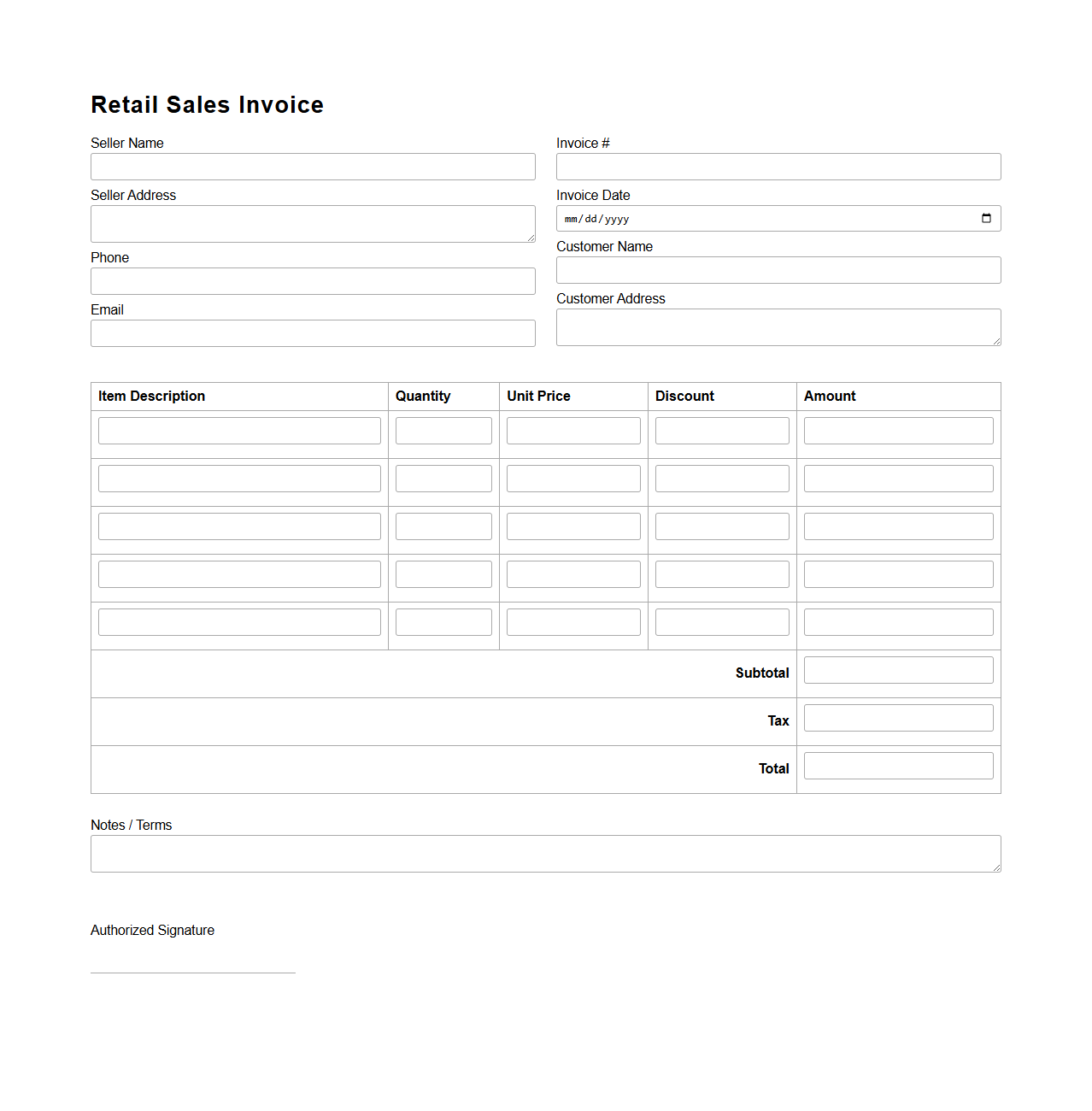 Blank Retail Sales Invoice Template