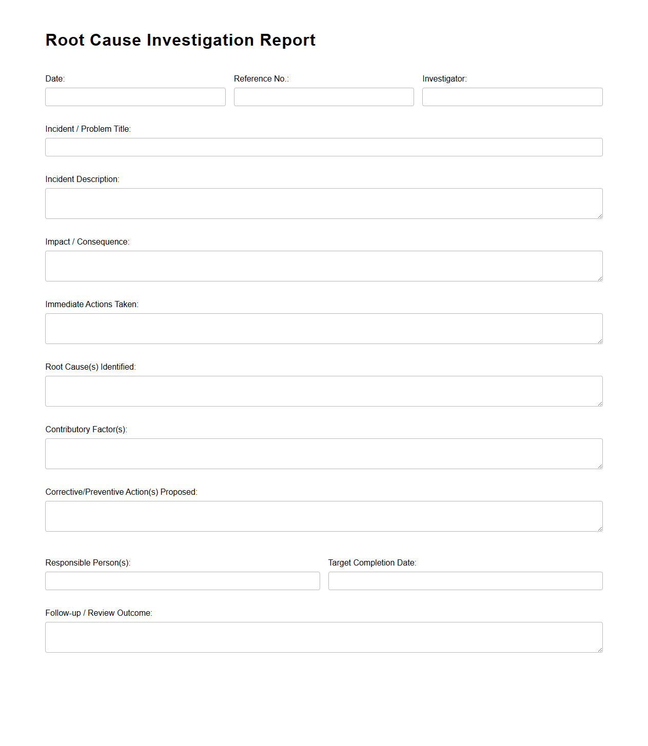 Blank Root Cause Investigation Report Form