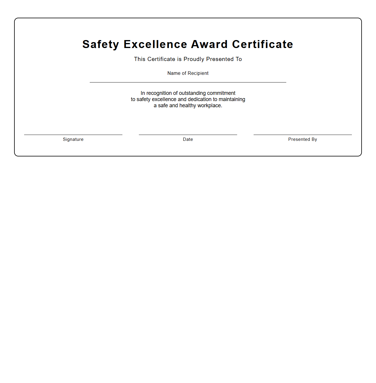Blank Safety Excellence Award Certificate
