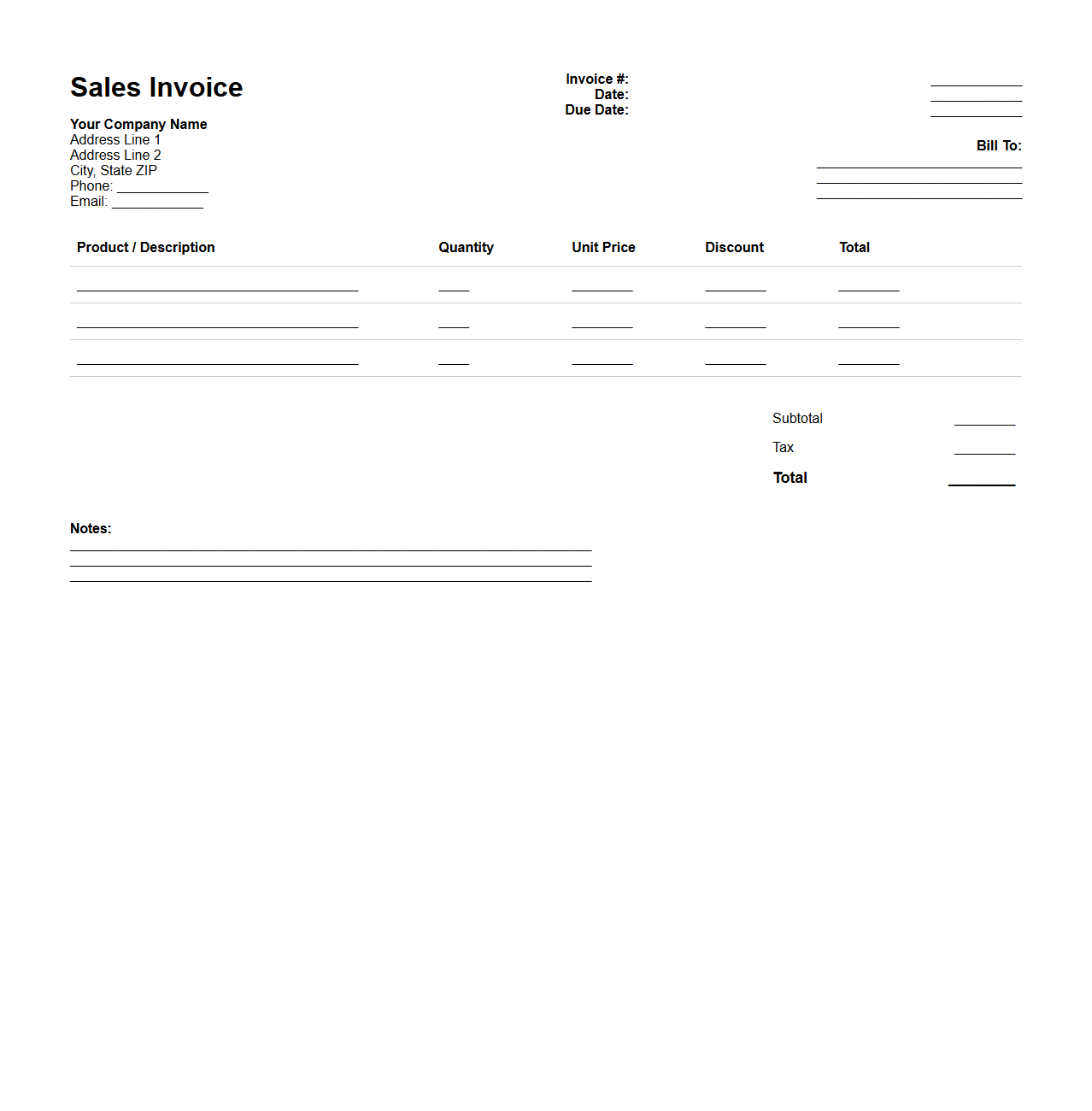 Blank Sales Invoice Template for Physical Products