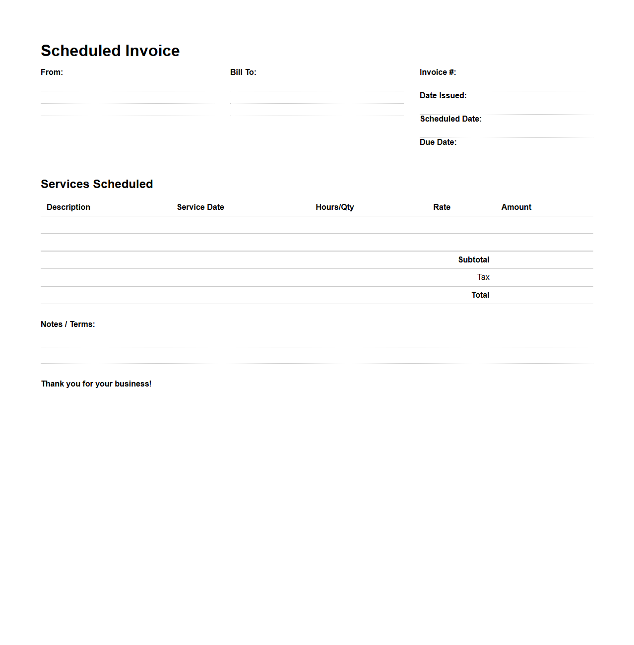 Blank Scheduled Invoice Template for Services
