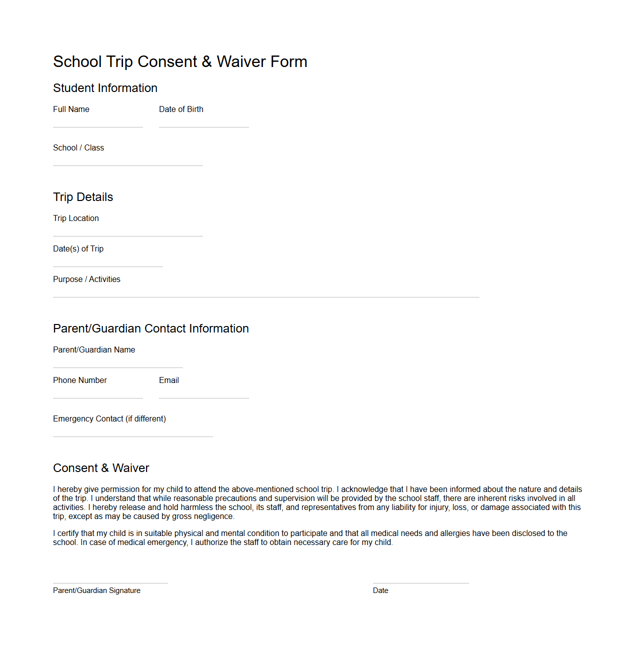 Blank School Trip Consent Waiver Template