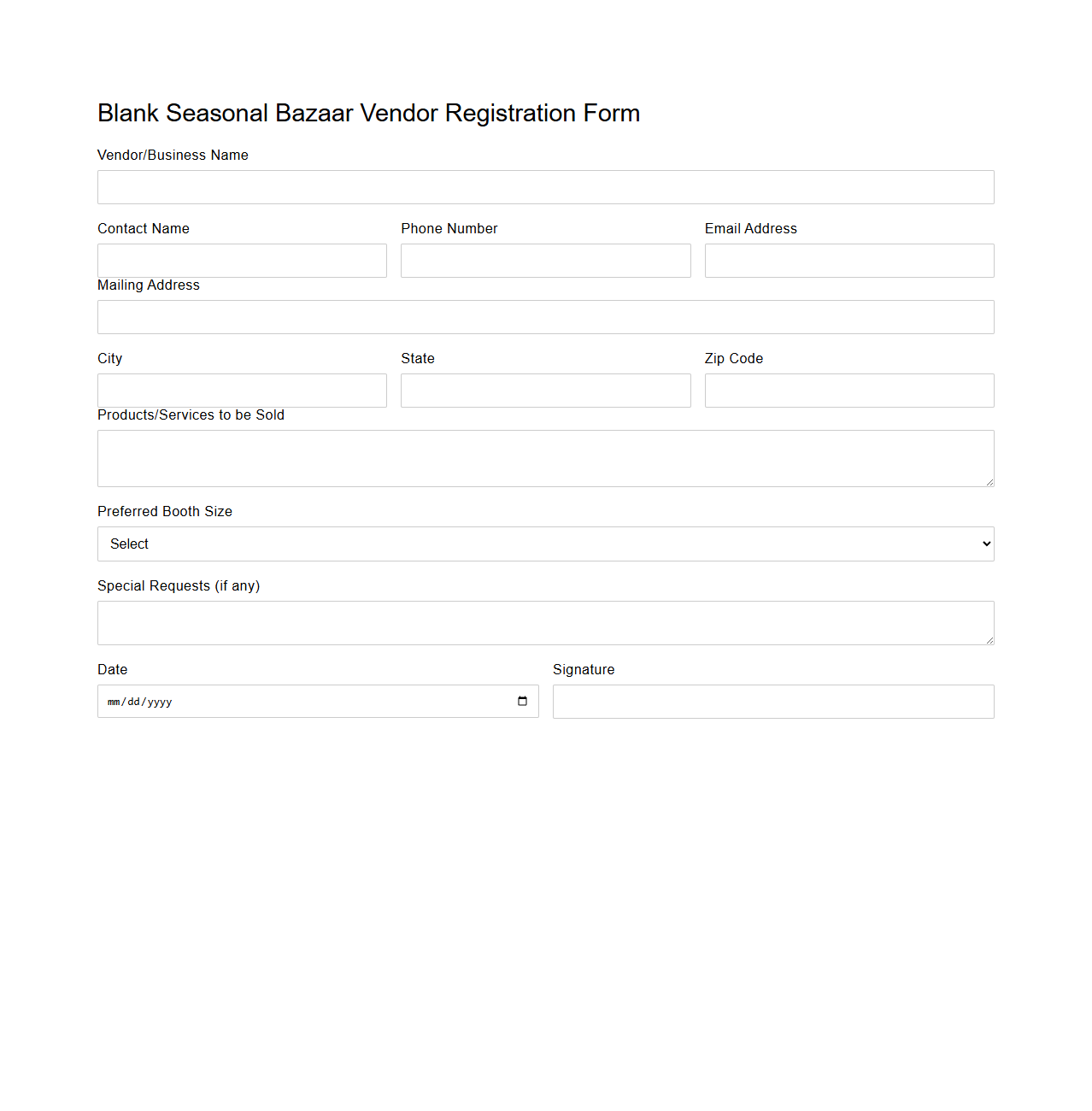 Blank Seasonal Bazaar Vendor Registration Form