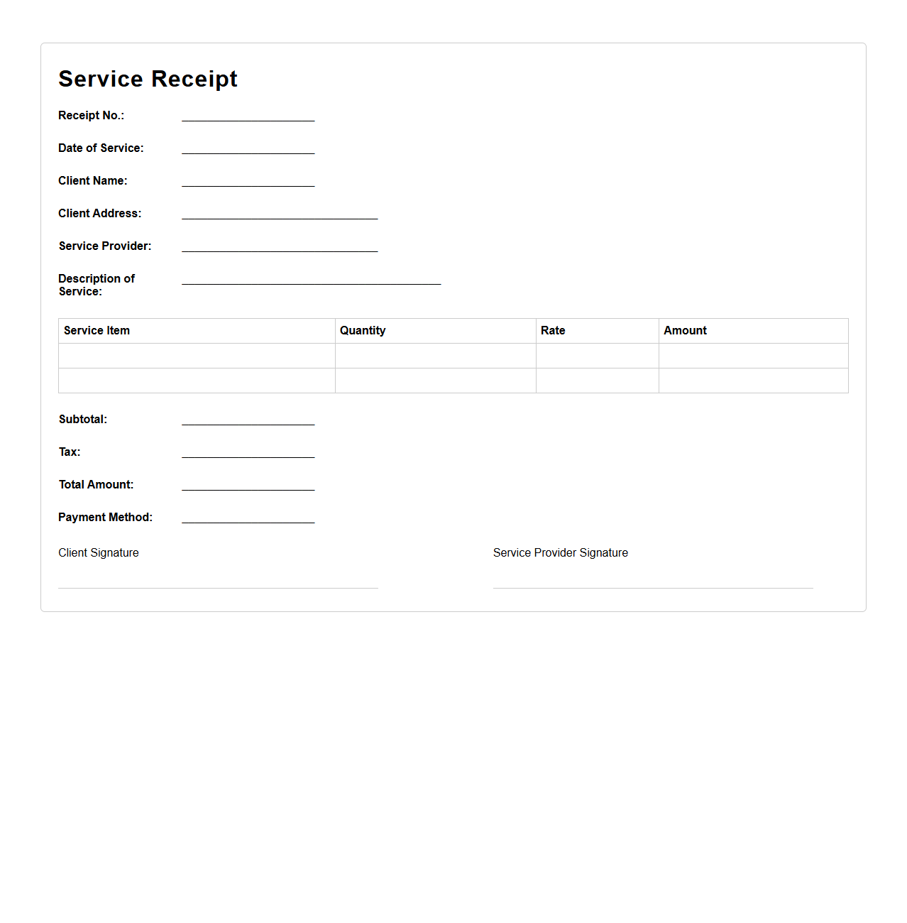 Blank Service Receipt Template for Cleaning Services