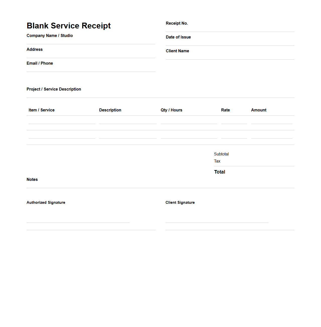 Blank Service Receipt Template for Design Services