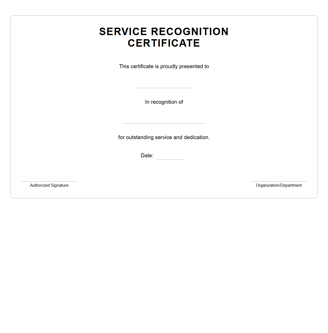 Blank Service Recognition Certificate Template