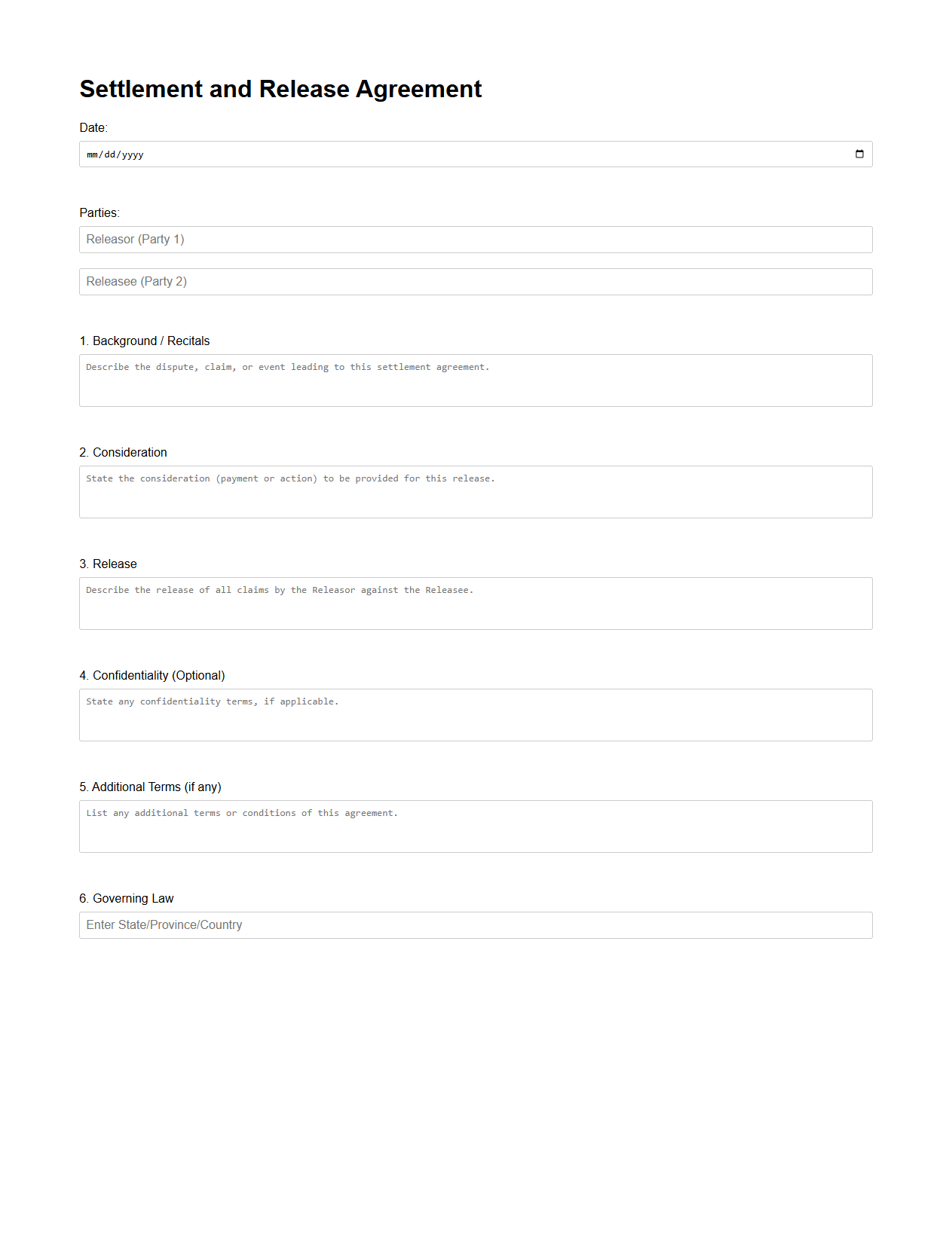 Blank Settlement and Release Agreement Form