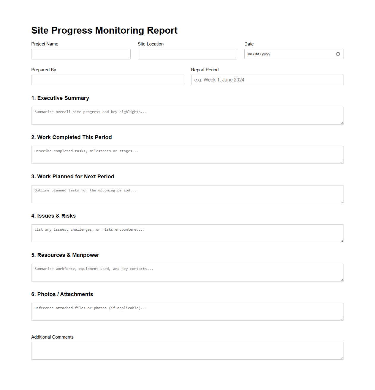 Blank Site Progress Monitoring Report Template