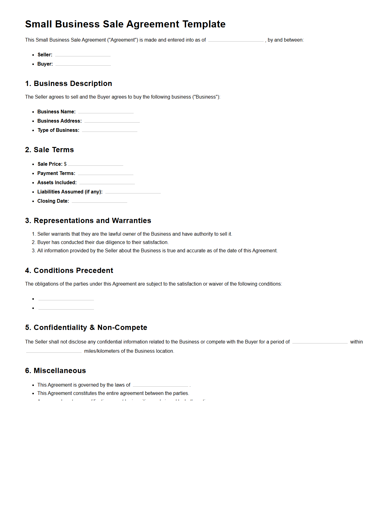 Blank Small Business Sale Agreement Template for Mergers