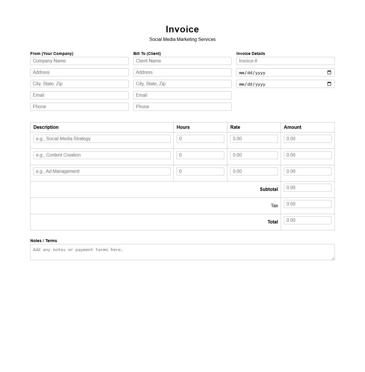 Blank Social Media Marketing Invoice Template