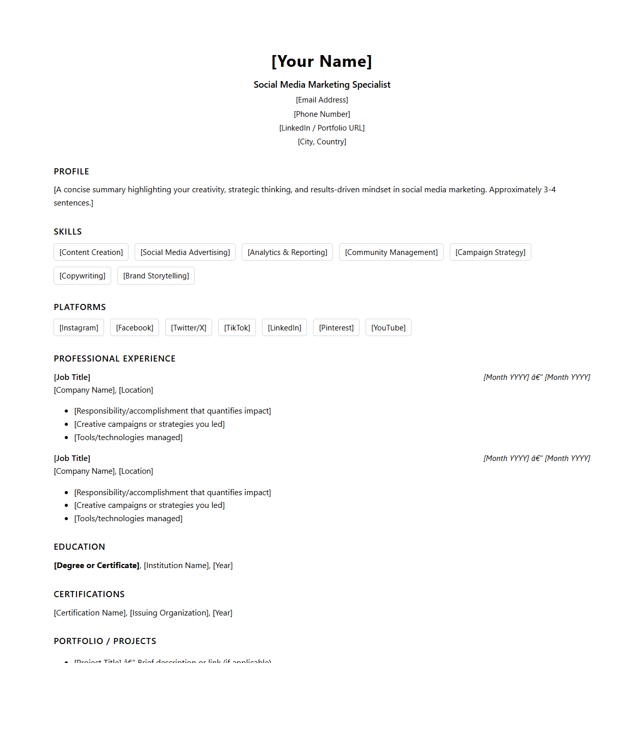 Blank Social Media Marketing Resume Template for Creative Professionals