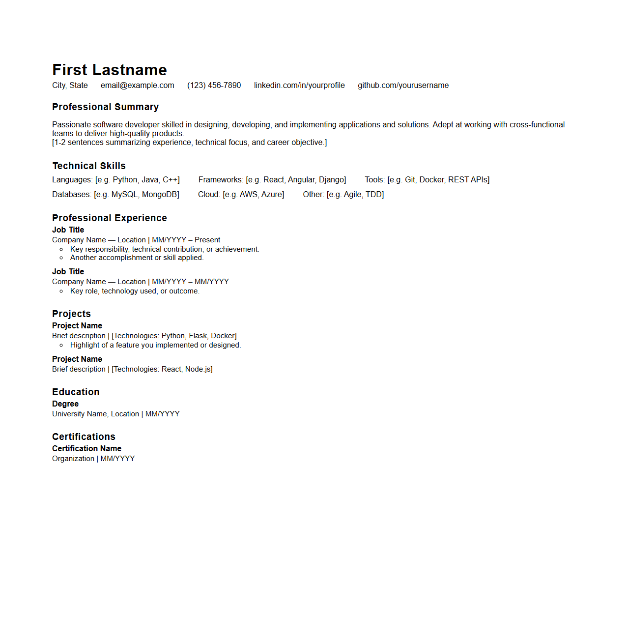 Blank Software Developer Skills-Oriented Resume