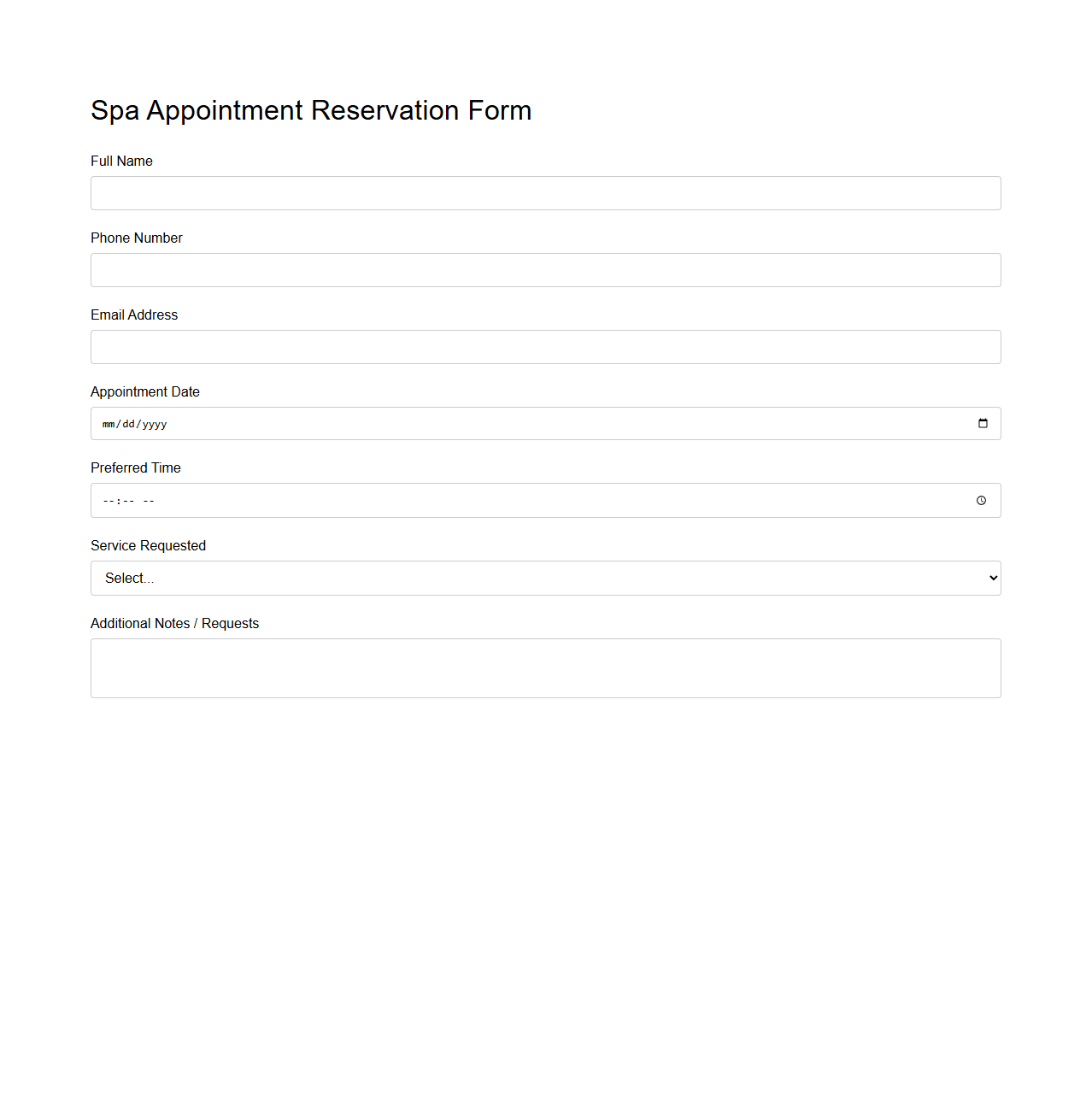 Blank Spa Appointment Reservation Form Template