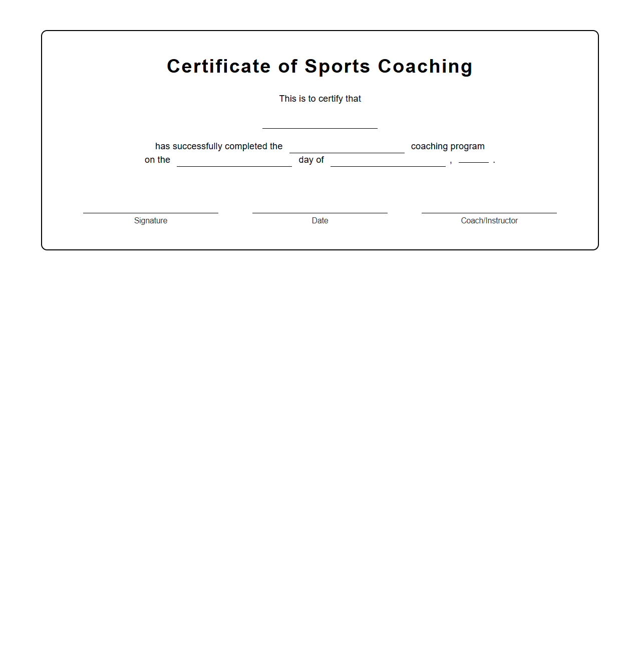 Blank Sports Coaching Certificate Template