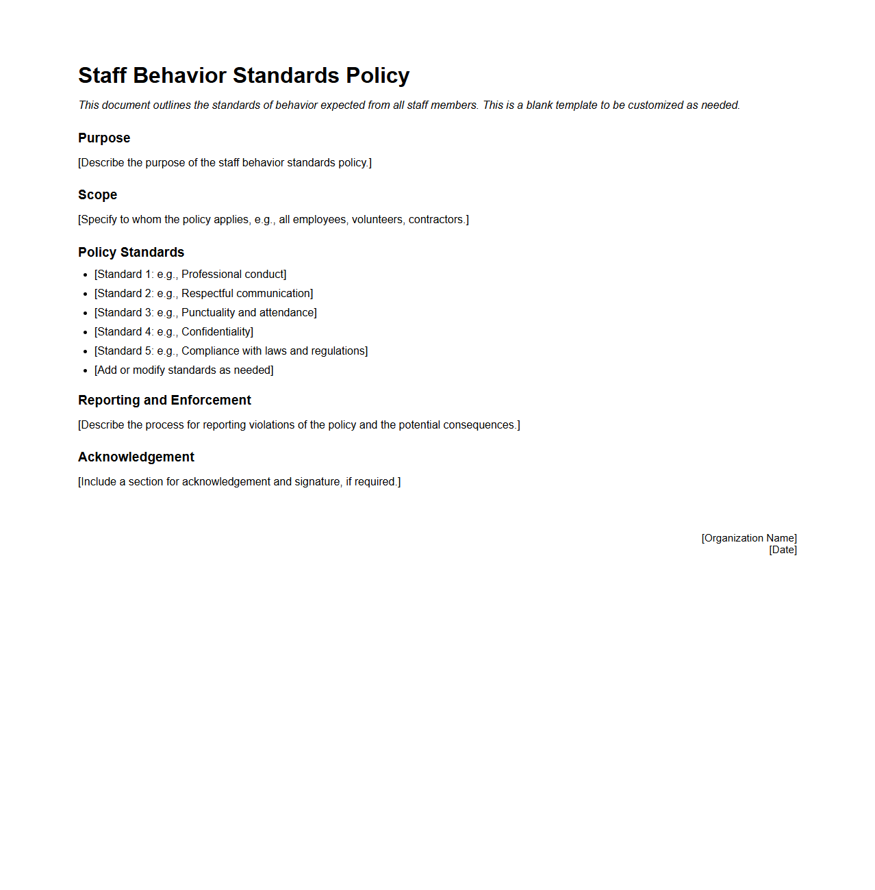 Blank Staff Behavior Standards Policy