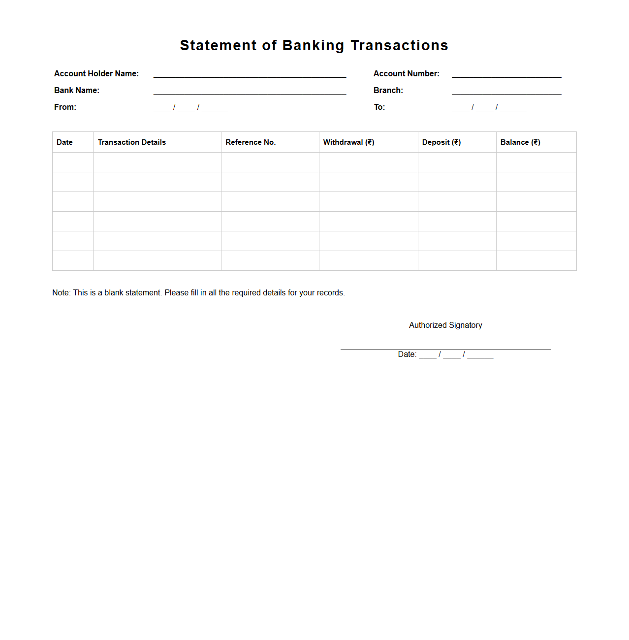 Blank Statement of Banking Transactions