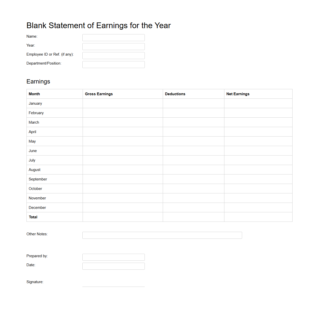 Blank Statement of Earnings for the Year