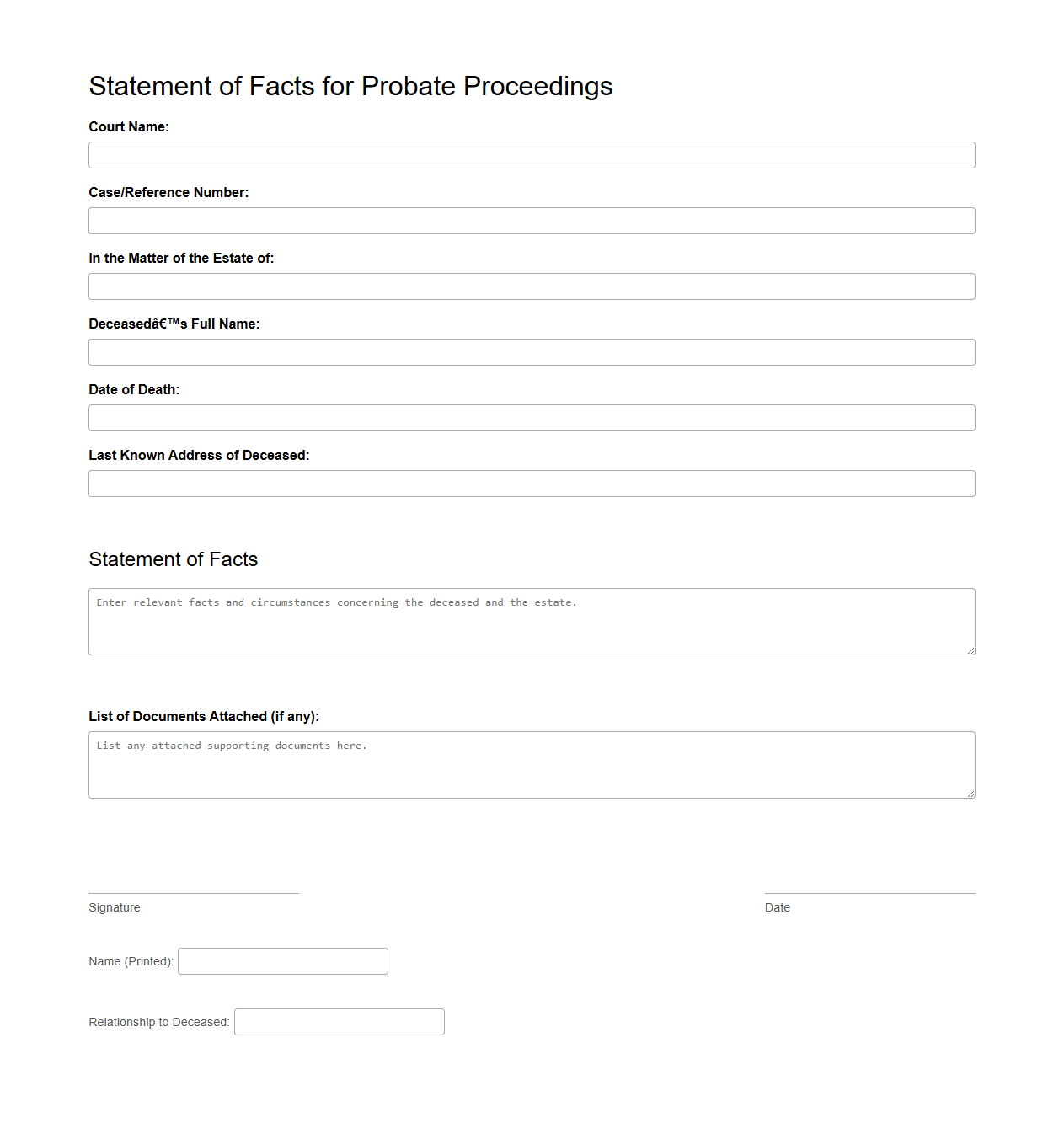 Blank Statement of Facts Document for Probate Proceedings