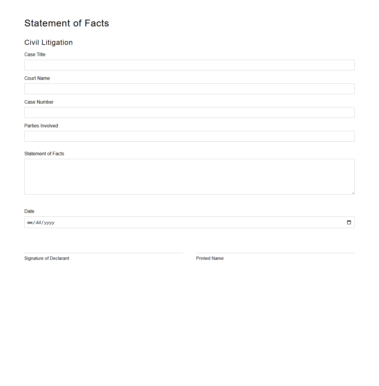 Blank Statement of Facts Form for Civil Litigation