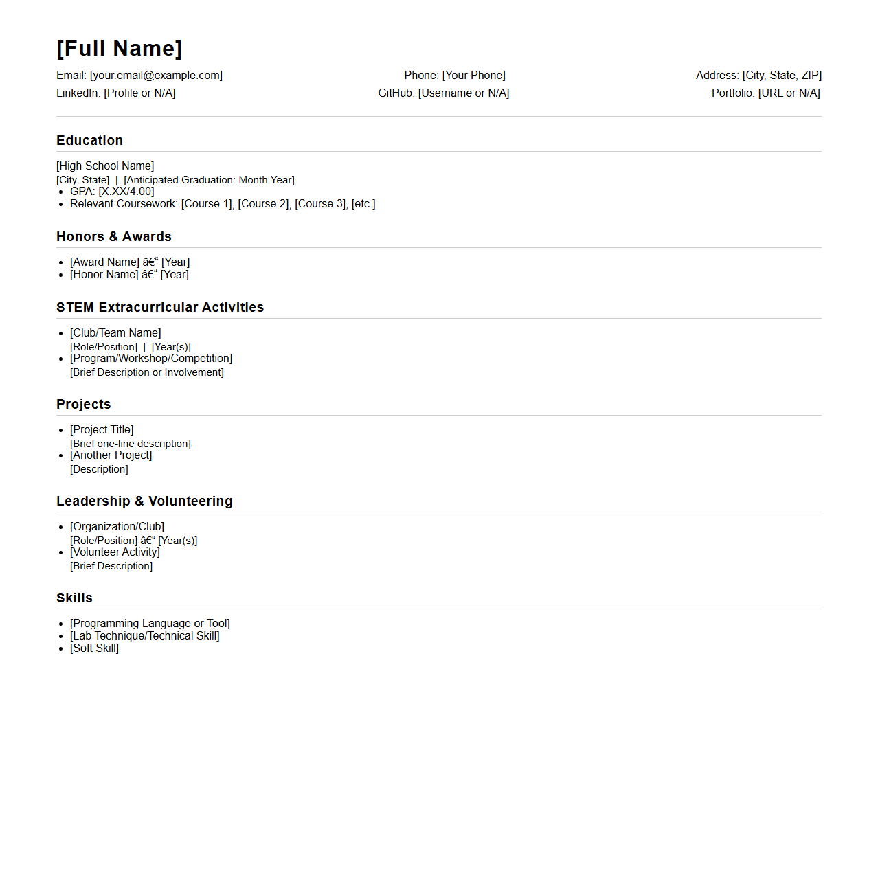 Blank STEM High School Scholarship Resume Structure