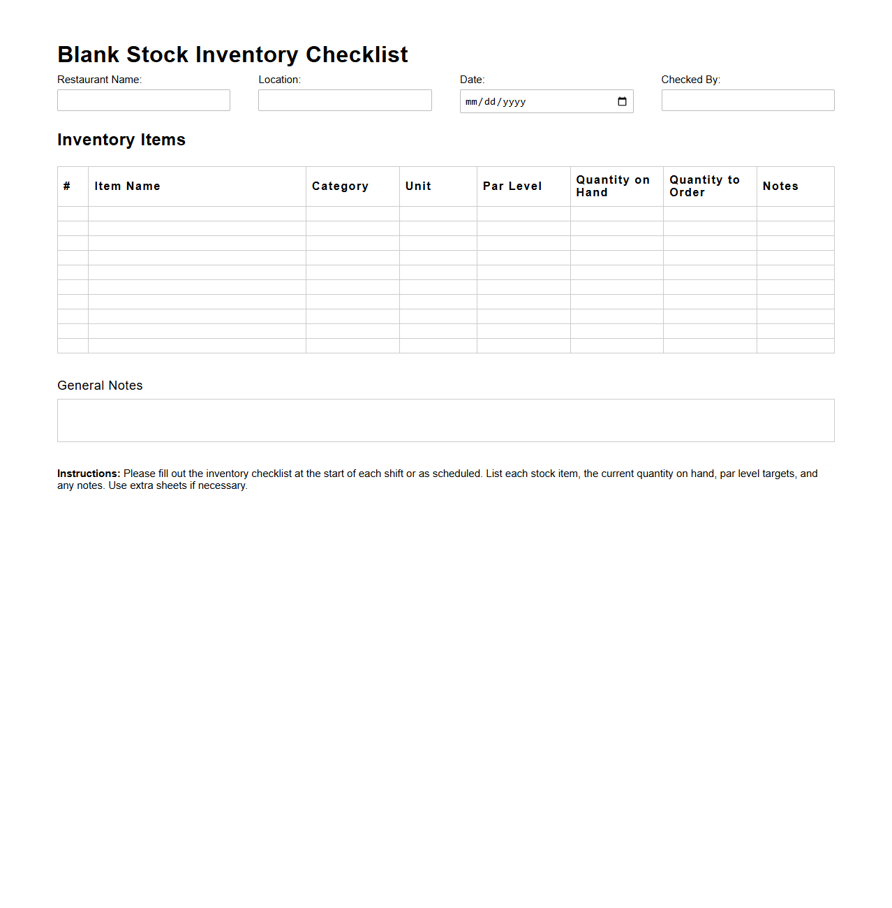 Blank Stock Inventory Checklist Template for Restaurant Management