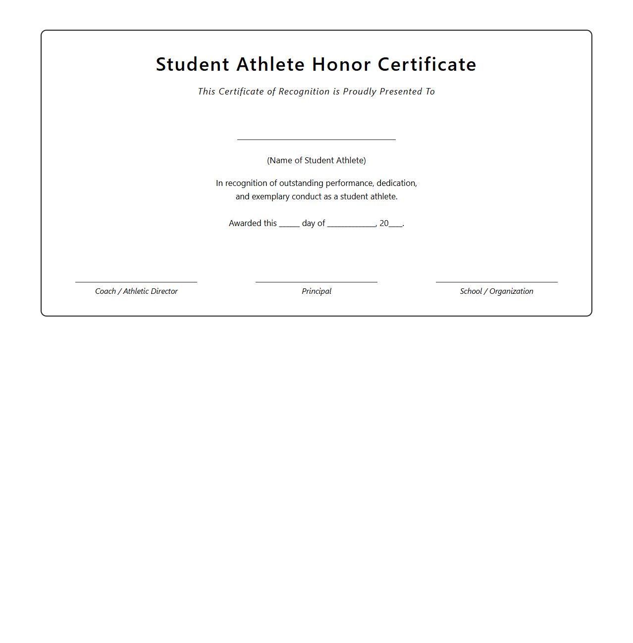 Blank Student Athlete Honor Certificate Template