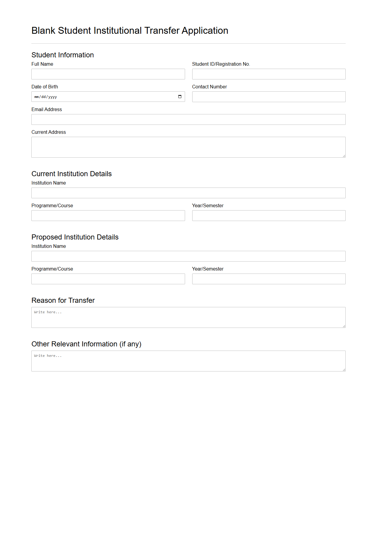 Blank Student Institutional Transfer Application Format