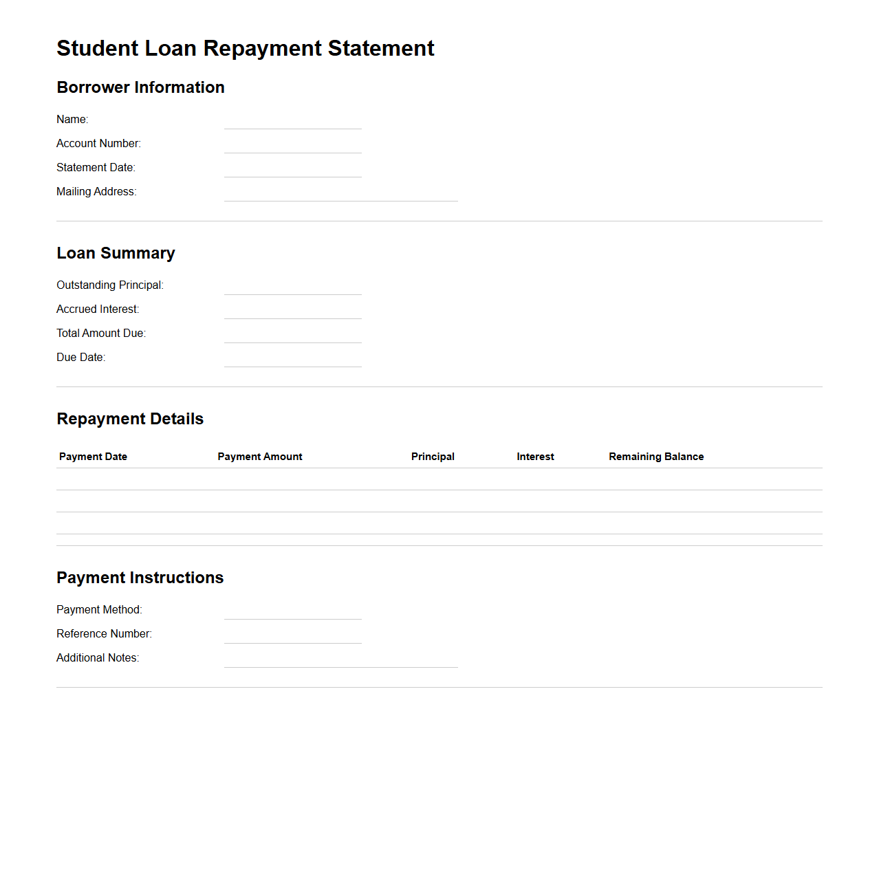 Blank Student Loan Repayment Statement