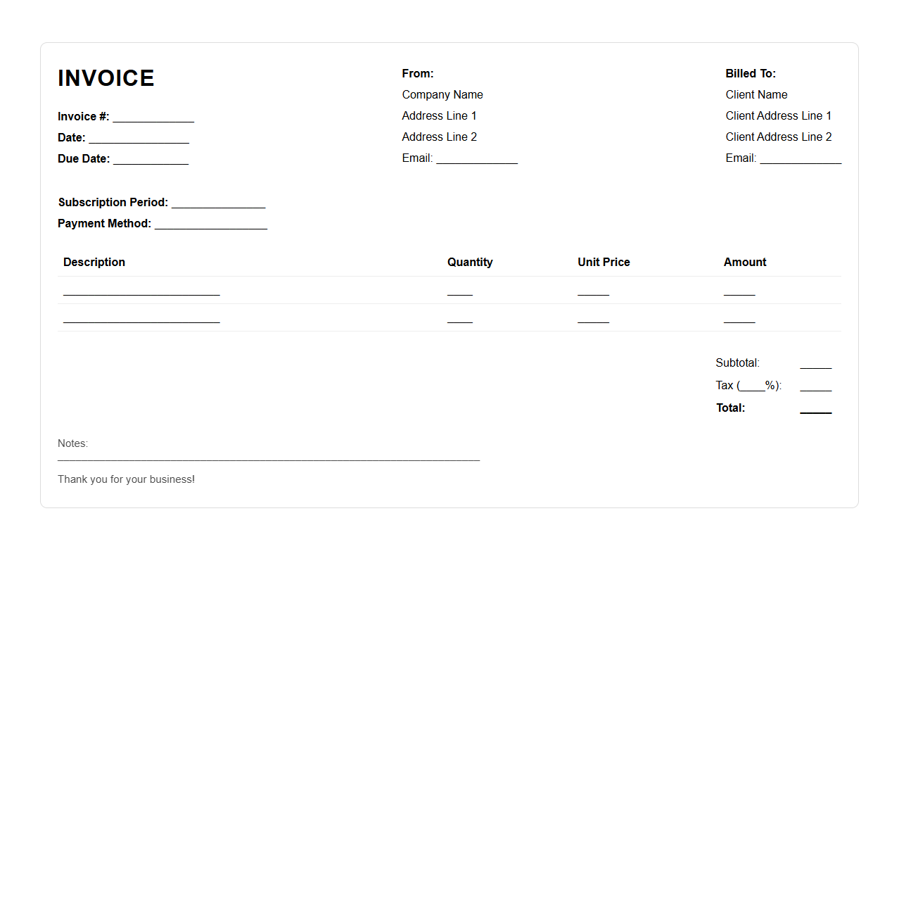 Blank Subscription-Based Invoice Template