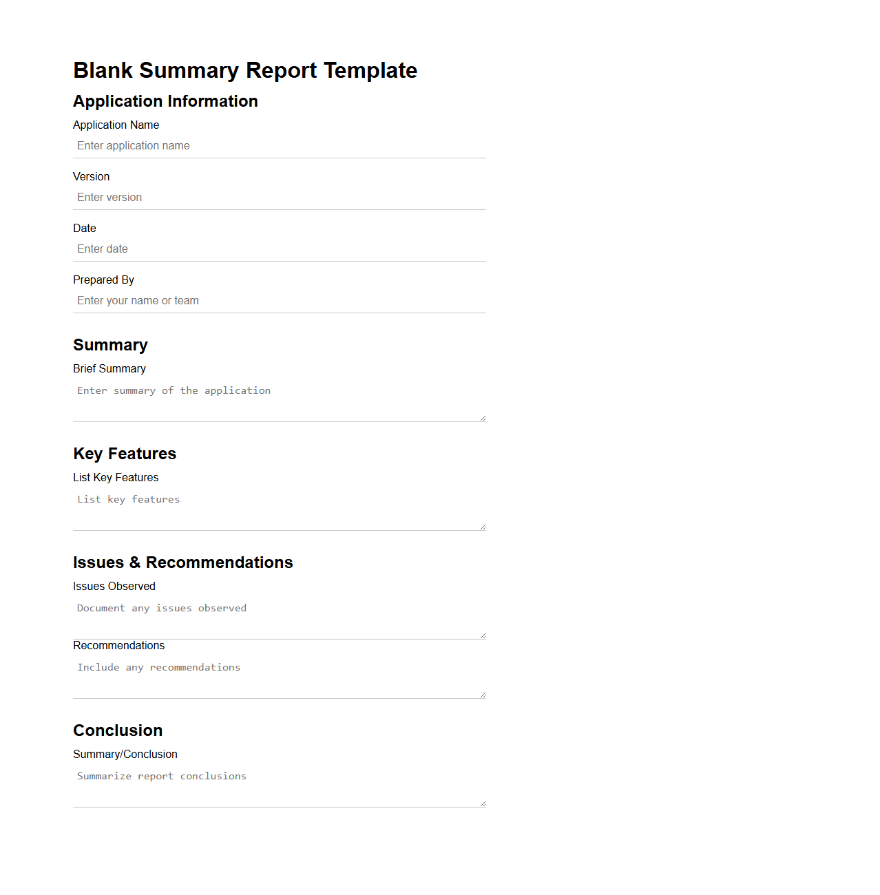 Blank Summary Report Template for Applications