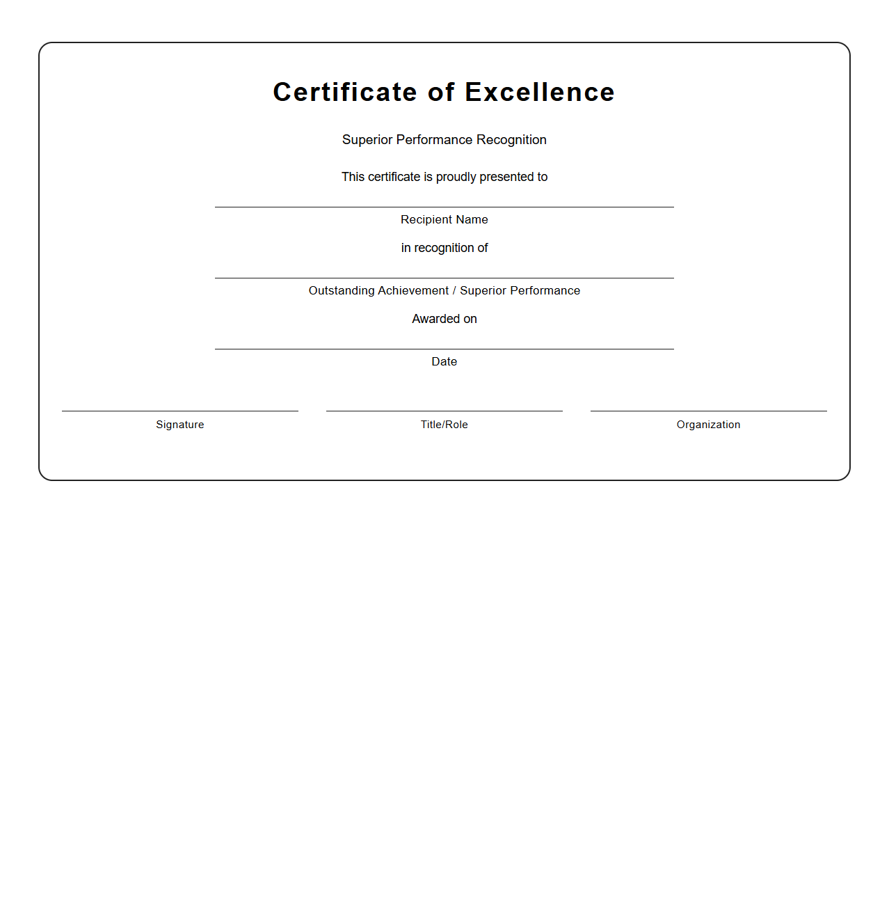 Blank Superior Performance Certificate of Excellence Template