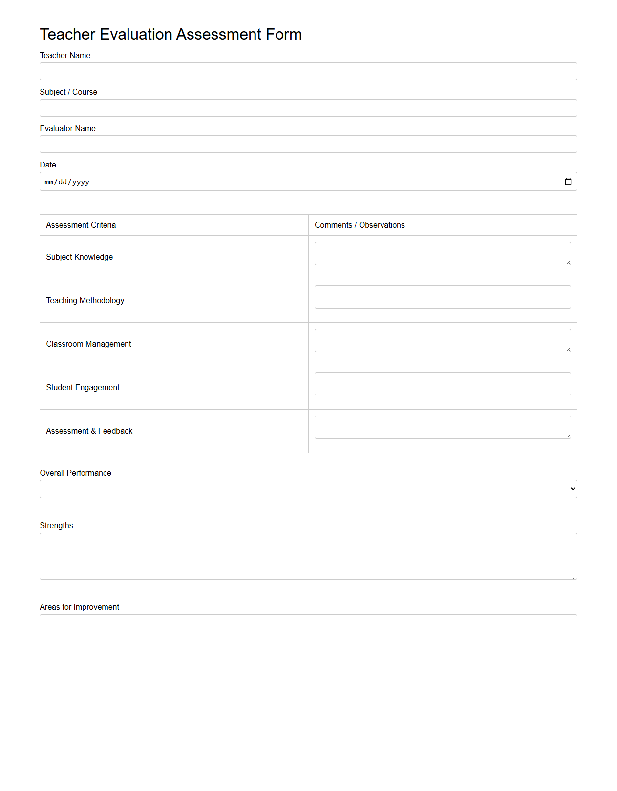 Blank Teacher Evaluation Assessment Form Template