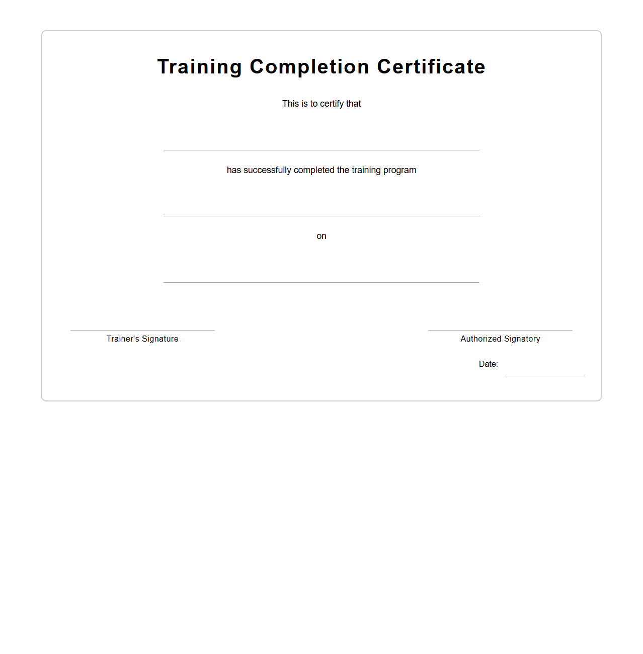 Blank Training Completion Certificate Template