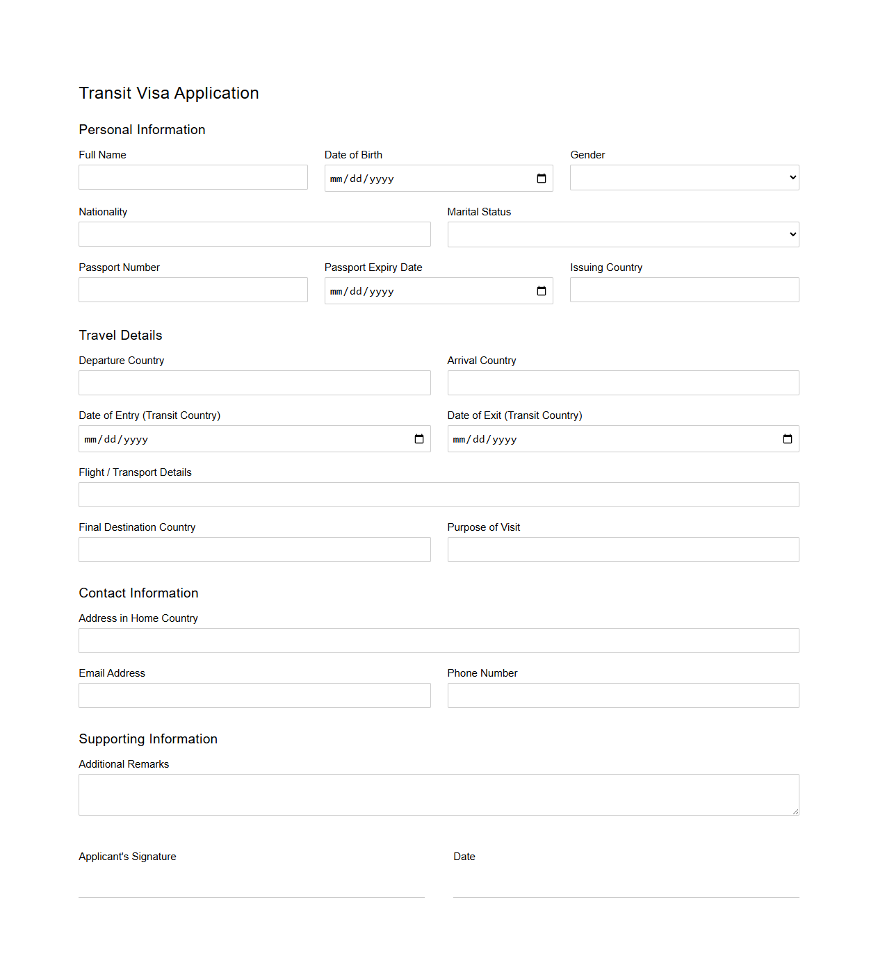 Blank Transit Visa Application Paper
