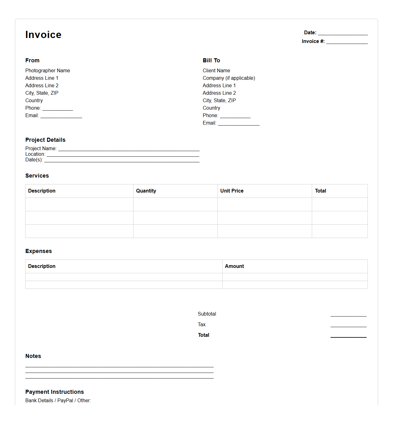 Blank Travel Photography Invoice Template