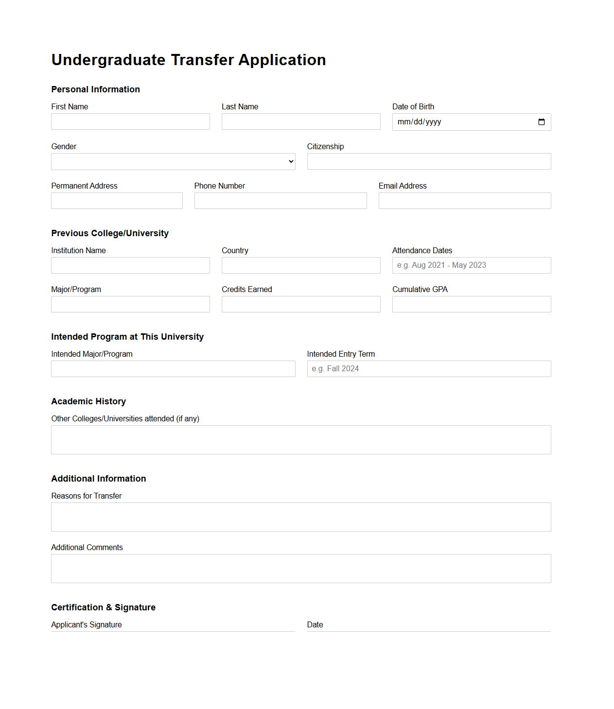 Blank Undergraduate Transfer Application Form for Universities