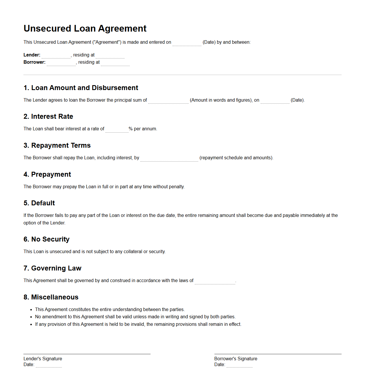 Blank Unsecured Loan Agreement Format