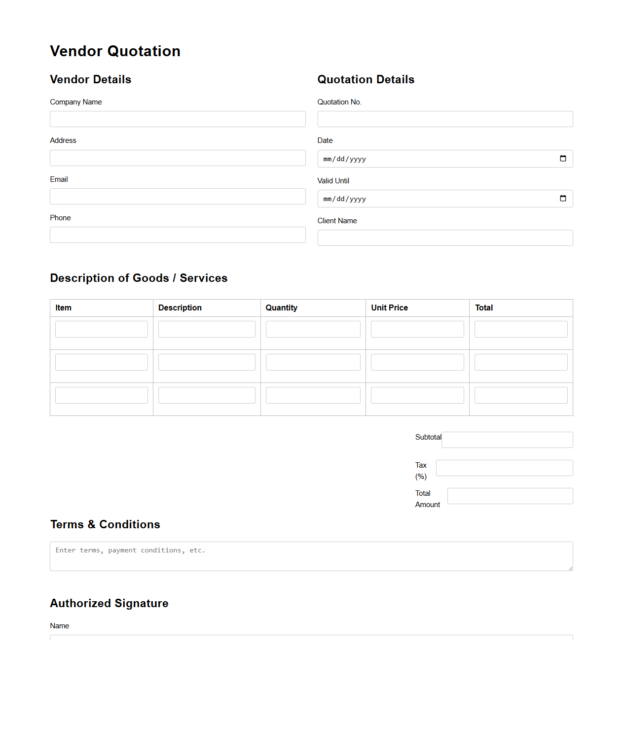 Blank Vendor Quotation Template for Contracts