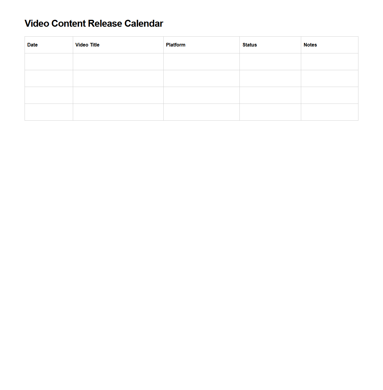 Blank Video Content Release Calendar